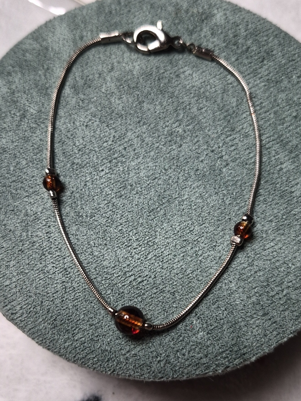 Sterling Silver Bracelet with Amber Glass Beads - Brown